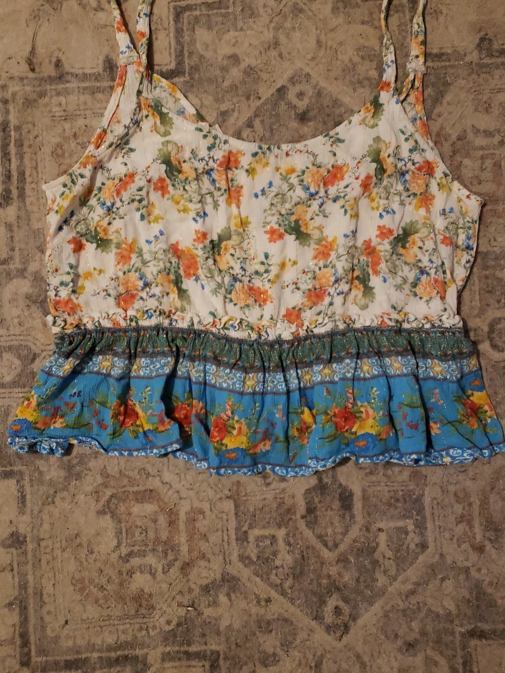 🧁Floral Print Ruffle Camisole - White & Blue - Picture 2 of 3